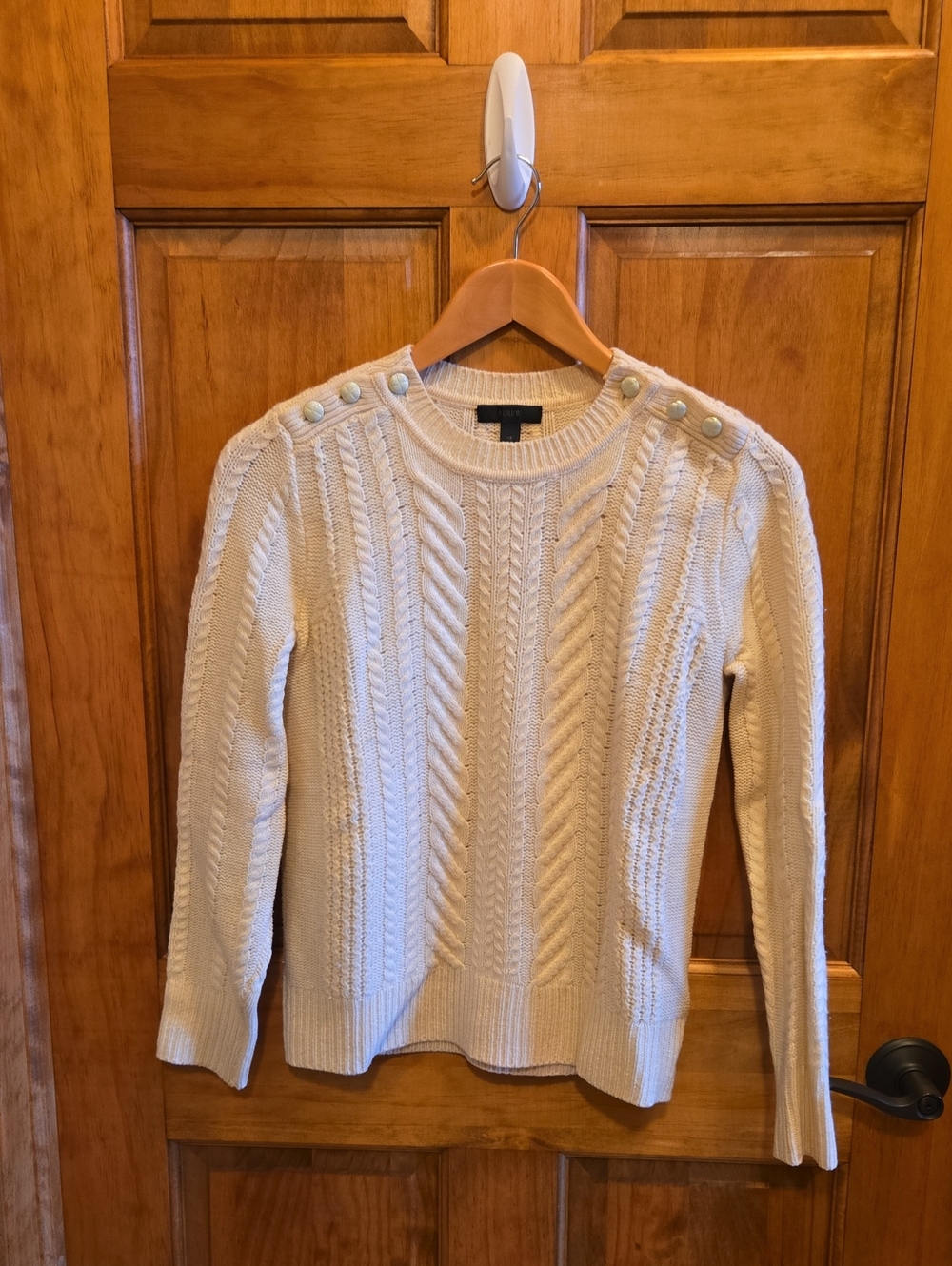 J. Crew Cream Cable Knit Crewneck Wool Sweater with Shoulder Buttons Size XS